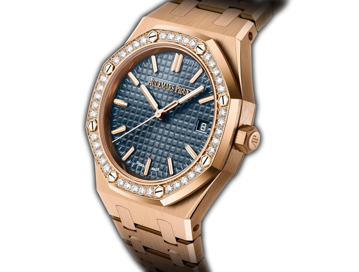 34mm 18k Rose Gold Diamond Bezel Blue Dial Automatic