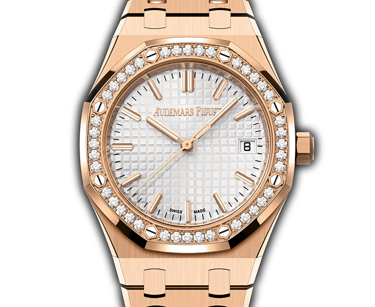 34mm 18k Rose Gold Diamond Bezel Silver Dial Automatic