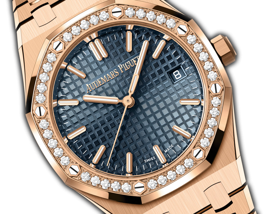 34mm 18k Rose Gold Diamond Bezel Blue Dial Automatic