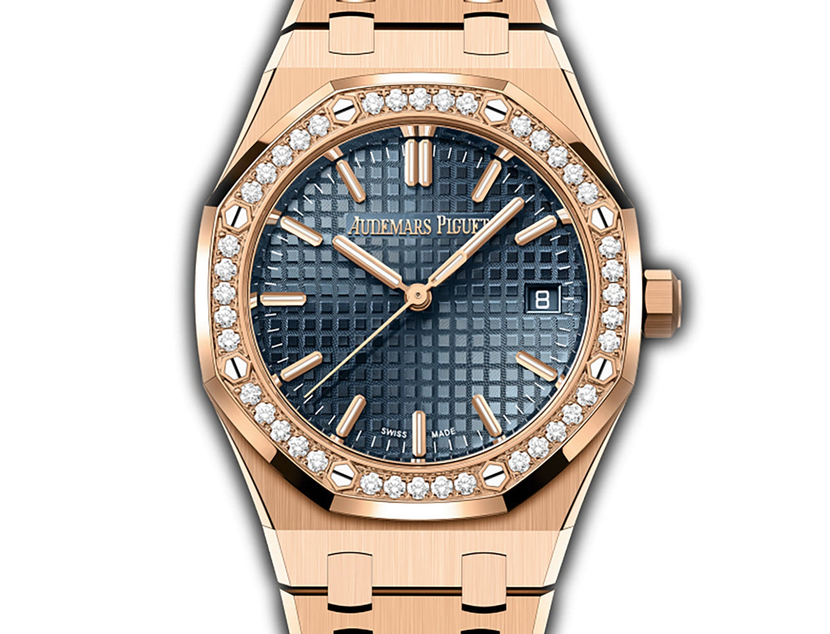 34mm 18k Rose Gold Diamond Bezel Blue Dial Automatic