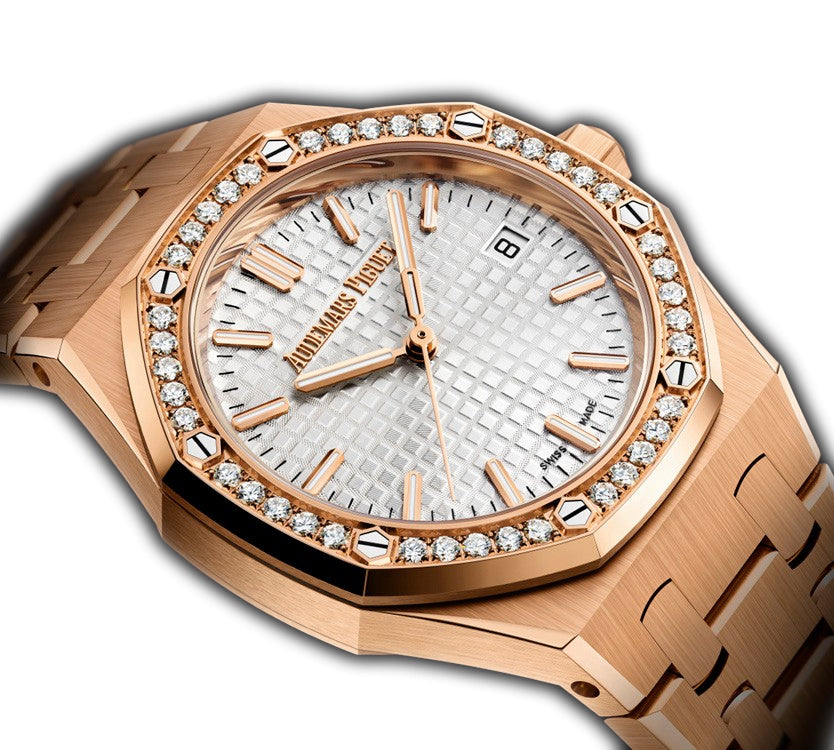 34mm 18k Rose Gold Diamond Bezel Silver Dial Automatic
