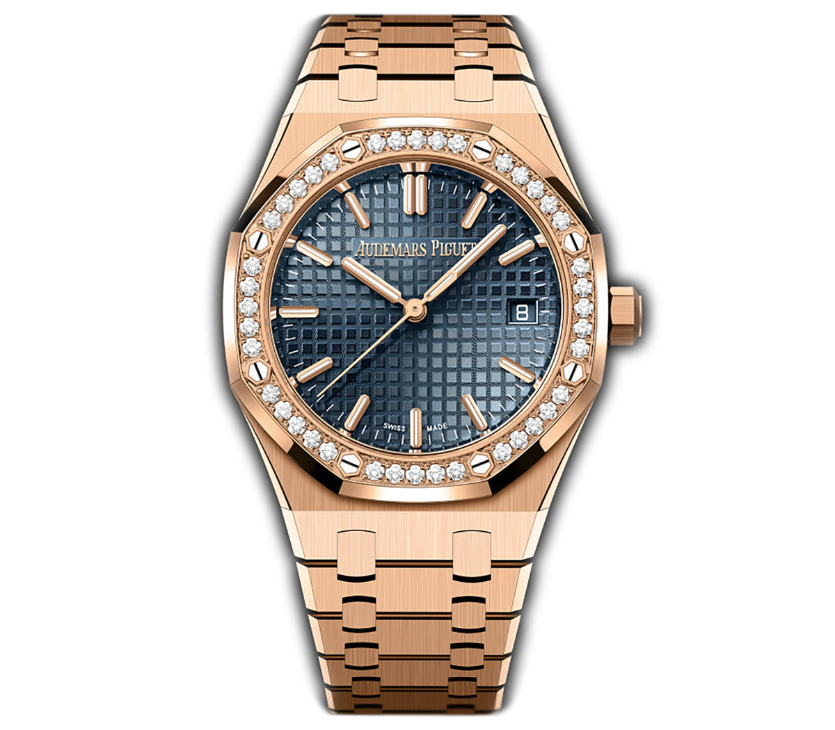 34mm 18k Rose Gold Diamond Bezel Blue Dial Automatic